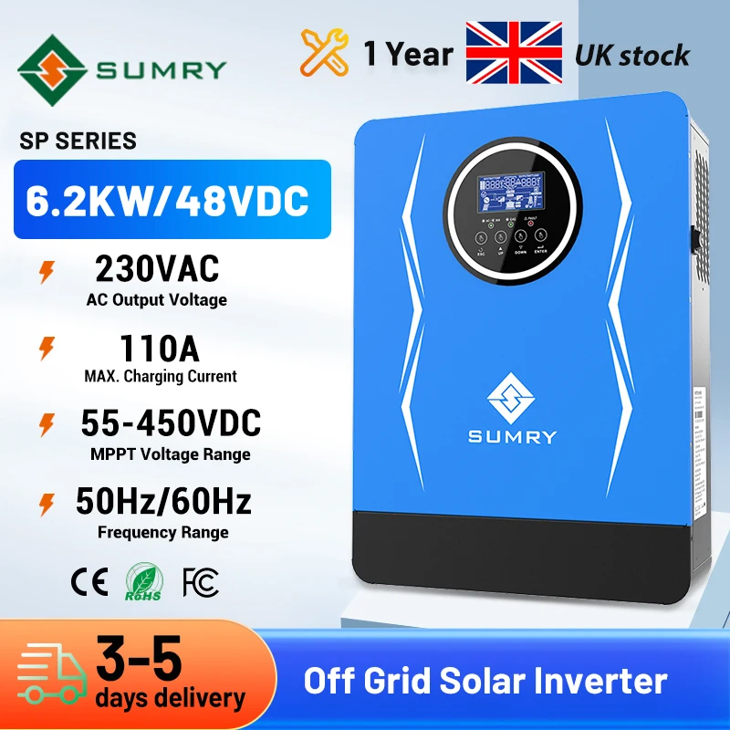 Sumry 6.2kw 48v Hybrid Solar Inverter Overload Protection Max 110A MPPT Solar Charger 220/230v Off Grid 50/60HZ Home Inverter