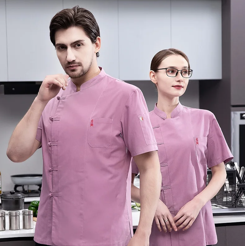 Chaqueta de Chef de manga corta para hombres y mujeres, uniforme de camarero de restaurante rosa, camisas de cocinero de pastelería