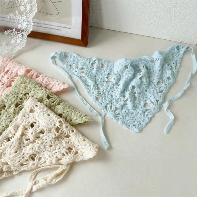 Triangle Hollow Knitted Floral Headscarf Girl Sunshade Hairband Countryside Beach Photography Headpiece Hair Tie Scarf Hijabs