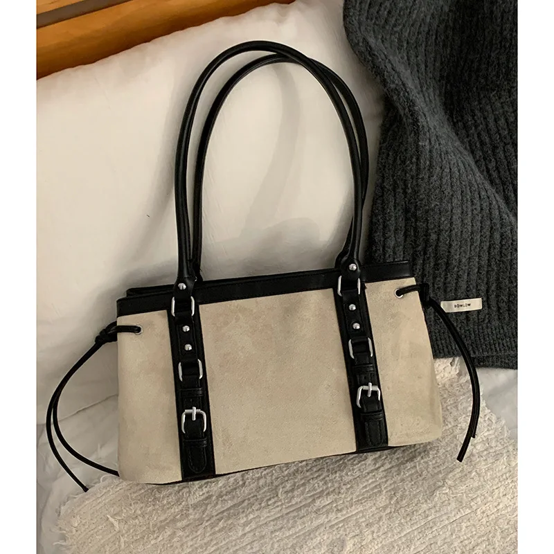 Simplicity Vintage Suede Shoulder Bag High-End Underarm Tote Women Large Capacity Casual Office Commuter Purse Retro Design Bag