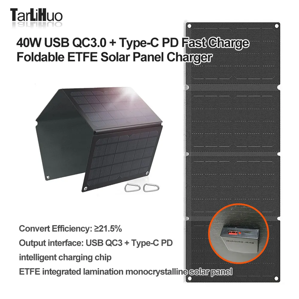 휴대폰용 접이식 ETFE 태양 전지 패널, 휴대용 태양열 보조배터리, C타입 PD 15W, USB QC3, 빠른 충전, 야외 태양광 발전, 40W