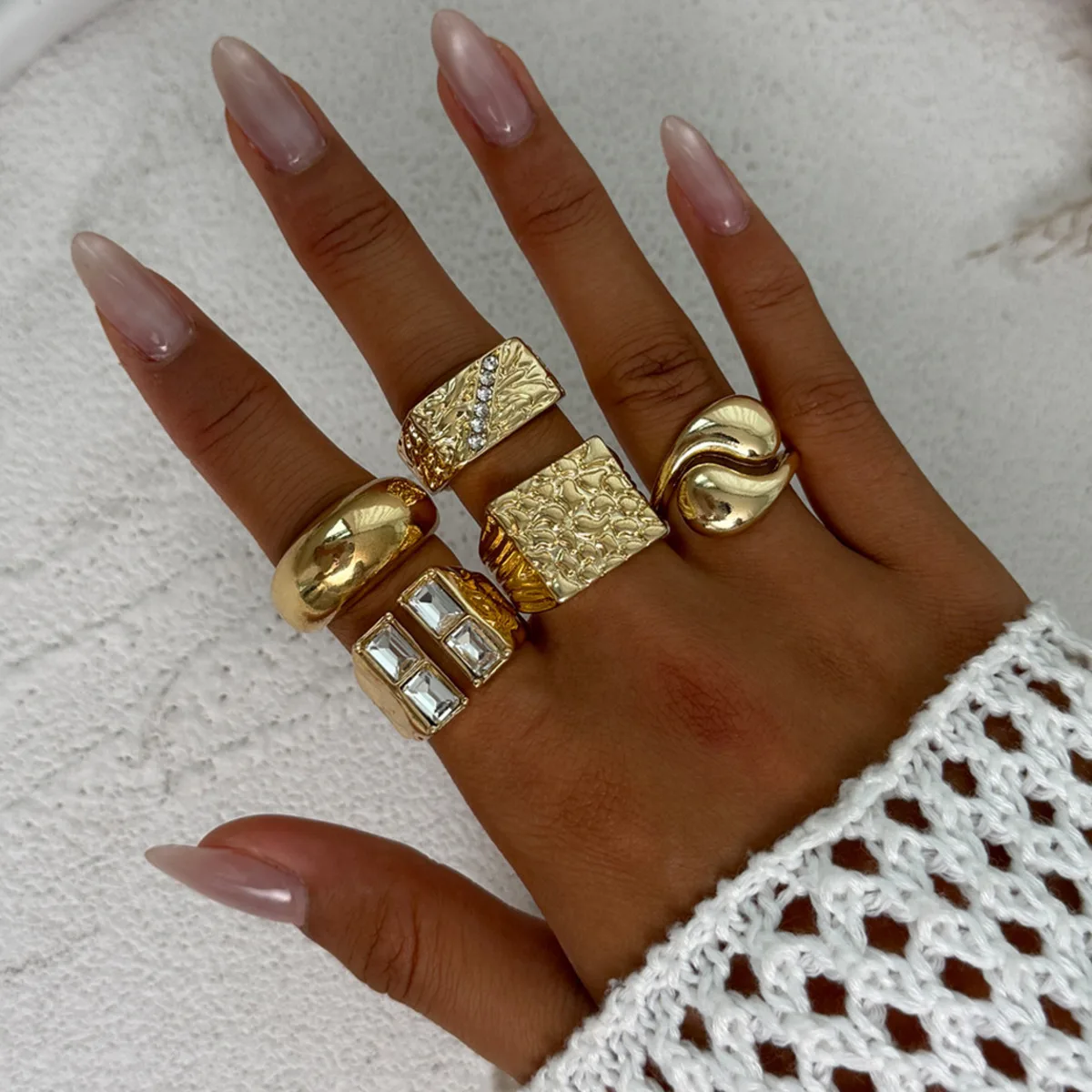 SHIXIN 5Pcs/Set Punk Geometric Square Water Drop Wide Open Ring for Women Vintage Rhinestone Chunky Finger Rings Party Jewelry