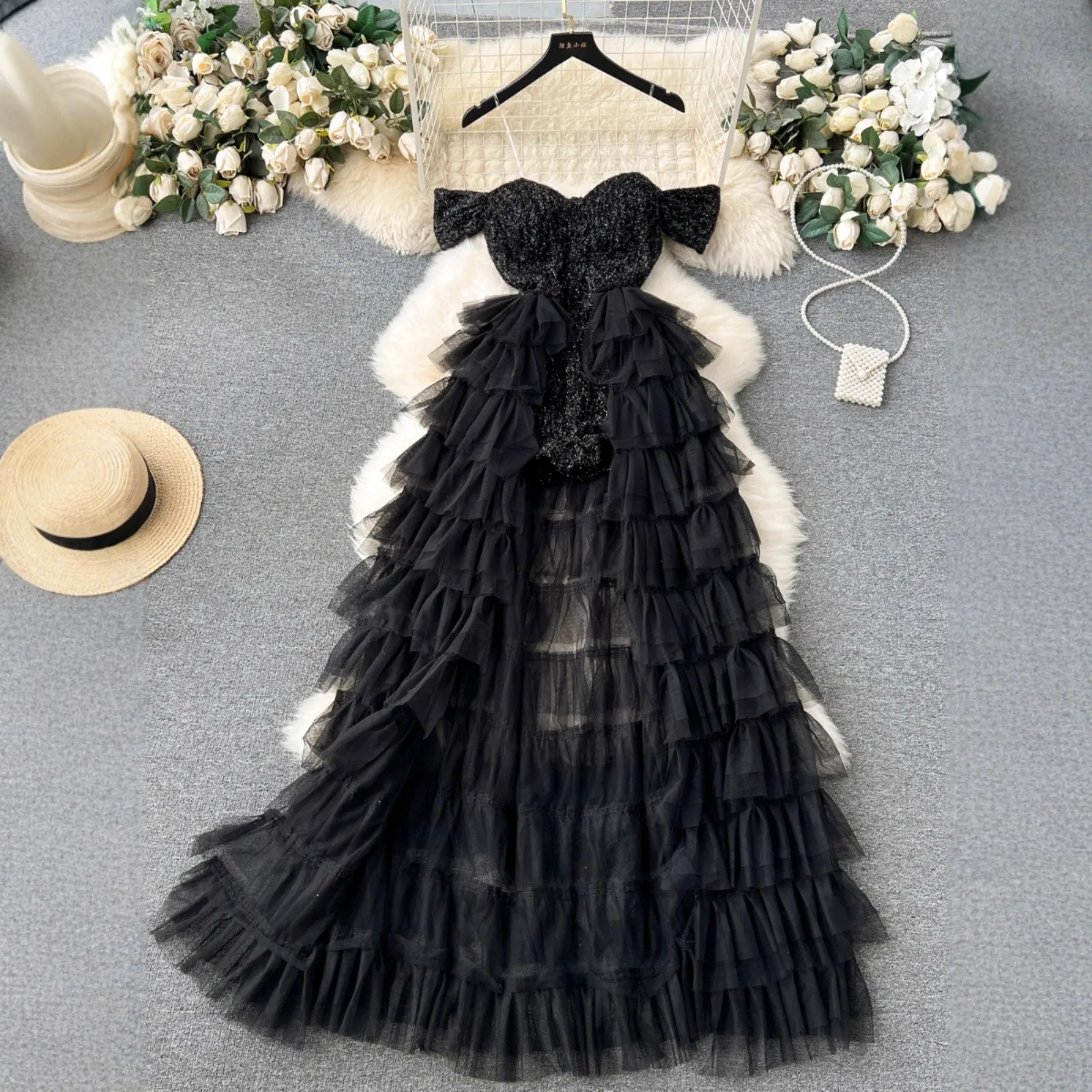 Women Black Strapless Glitter Maxi Dress Tiered Ruffle Tulle Long Dress Sweetheart Neck Evening Party Prom Formal Gown