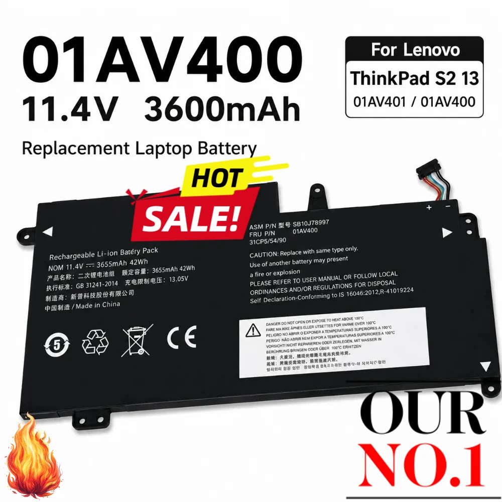 2027 New 42Wh 01AV400 Laptop Replacement Battery for Lenovo ThinkPad S2 13 01AV401 01AV402 01AV435‑01AV437 SB10K97593