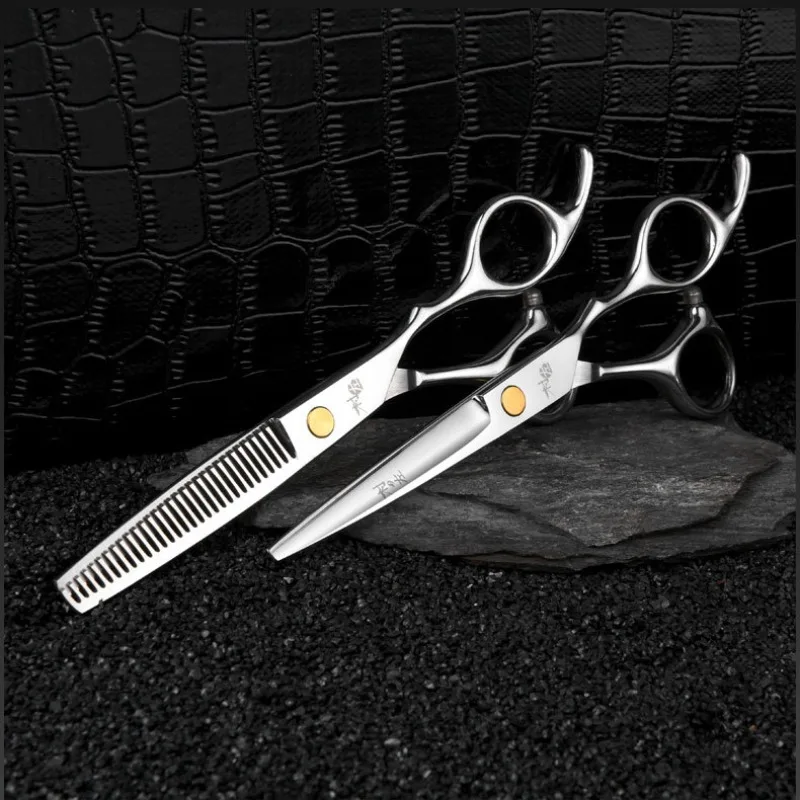 

Steel Handle Hair Scissors 9cr18 Steel Gold Screws 6-inch Barber Cutting Scissors and Thinning Scissors Set