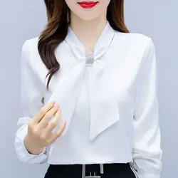 Office Lady Stylish V-Neck Bow Blouse Spring Autumn Solid Color Basic Women's Clothing Long Sleeve Chic Diamonds Korean Shirt