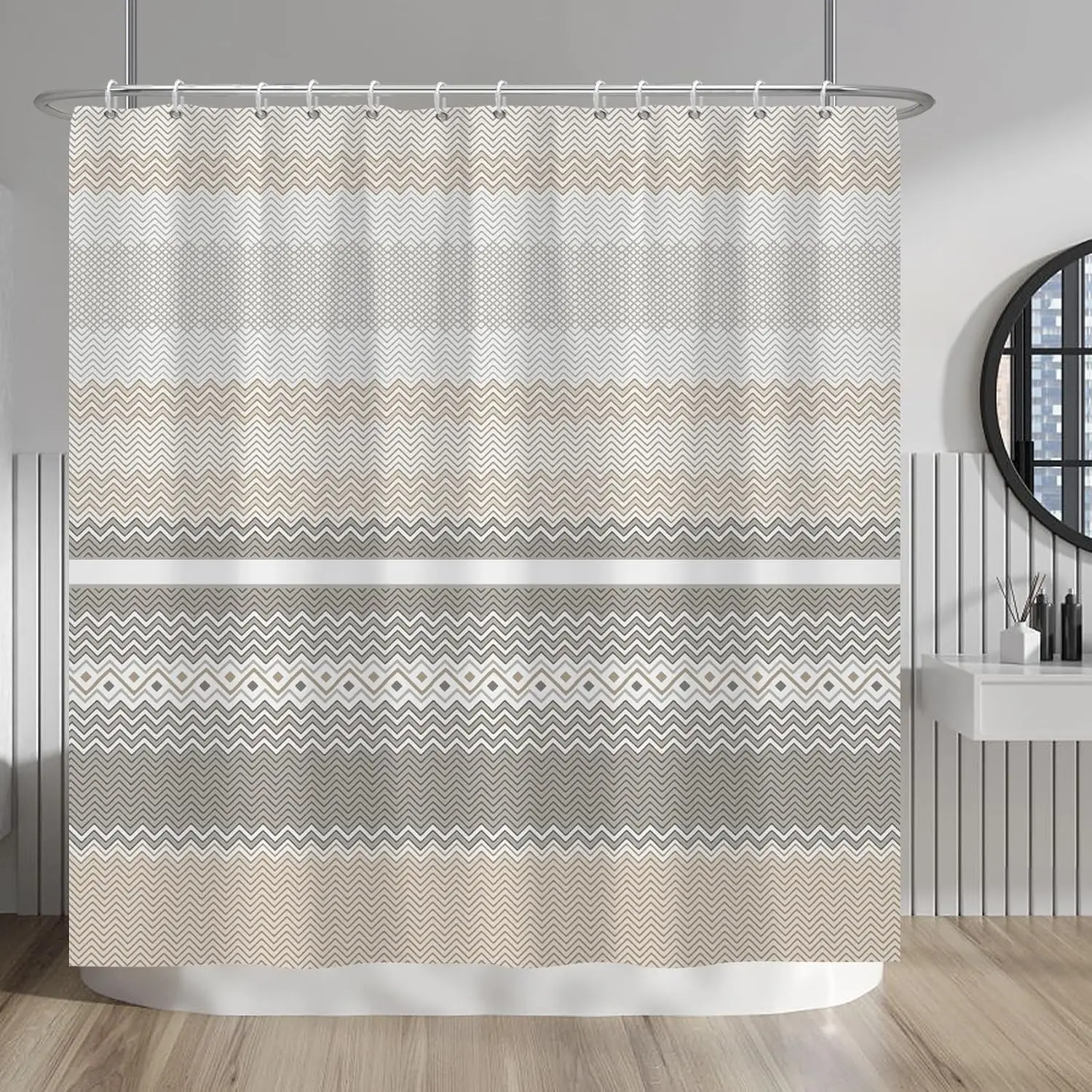 Modern Waterproof Chevron Geometric Striped Shower Curtain Beige Taupe Neutral Bathroom Decor Shower  72x72 Inches