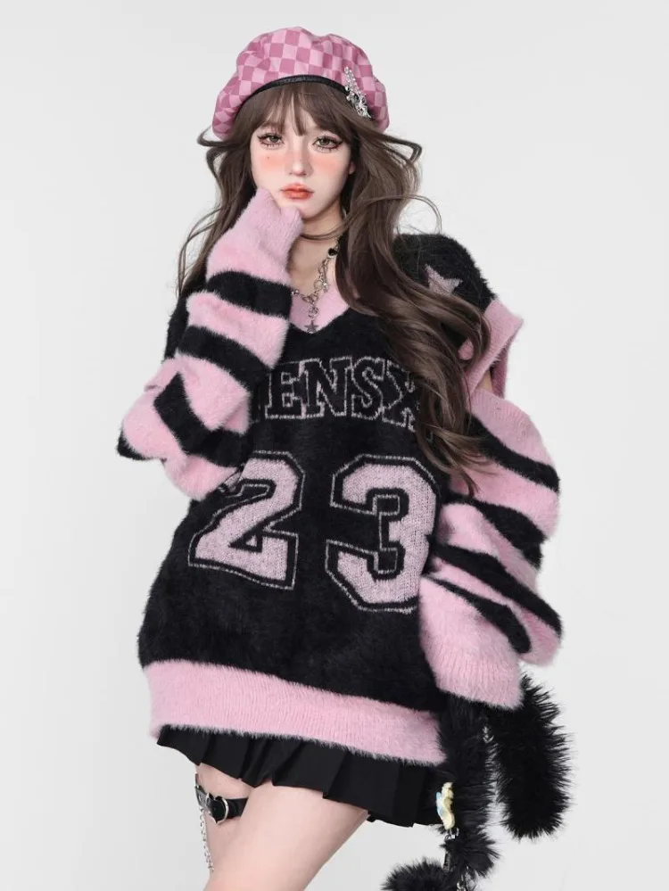 Sweet Cool Letter Peinr V-neck Black Pink Tops Women Y2k E-Girl Hollow Out Long Sleeve Pullovers Mid-length Loose Sweaters Mujer