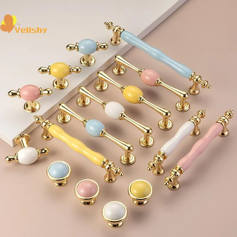 Modern Colored Ceramic Furniture Handle Golden Wardrobe Cabinet Handles Closet Door Knob Dressing Table And Drawer Pull Hardware