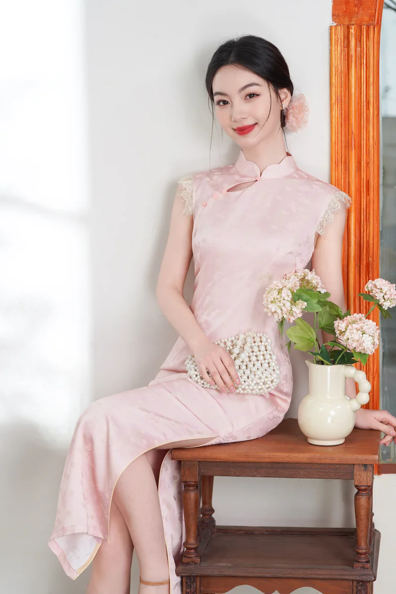 

Pink Lace Flutter Sleeve Chinese Style Cheongsam Dress Summer Slim Jacquard Satin Handmade Buckle Long Qipao