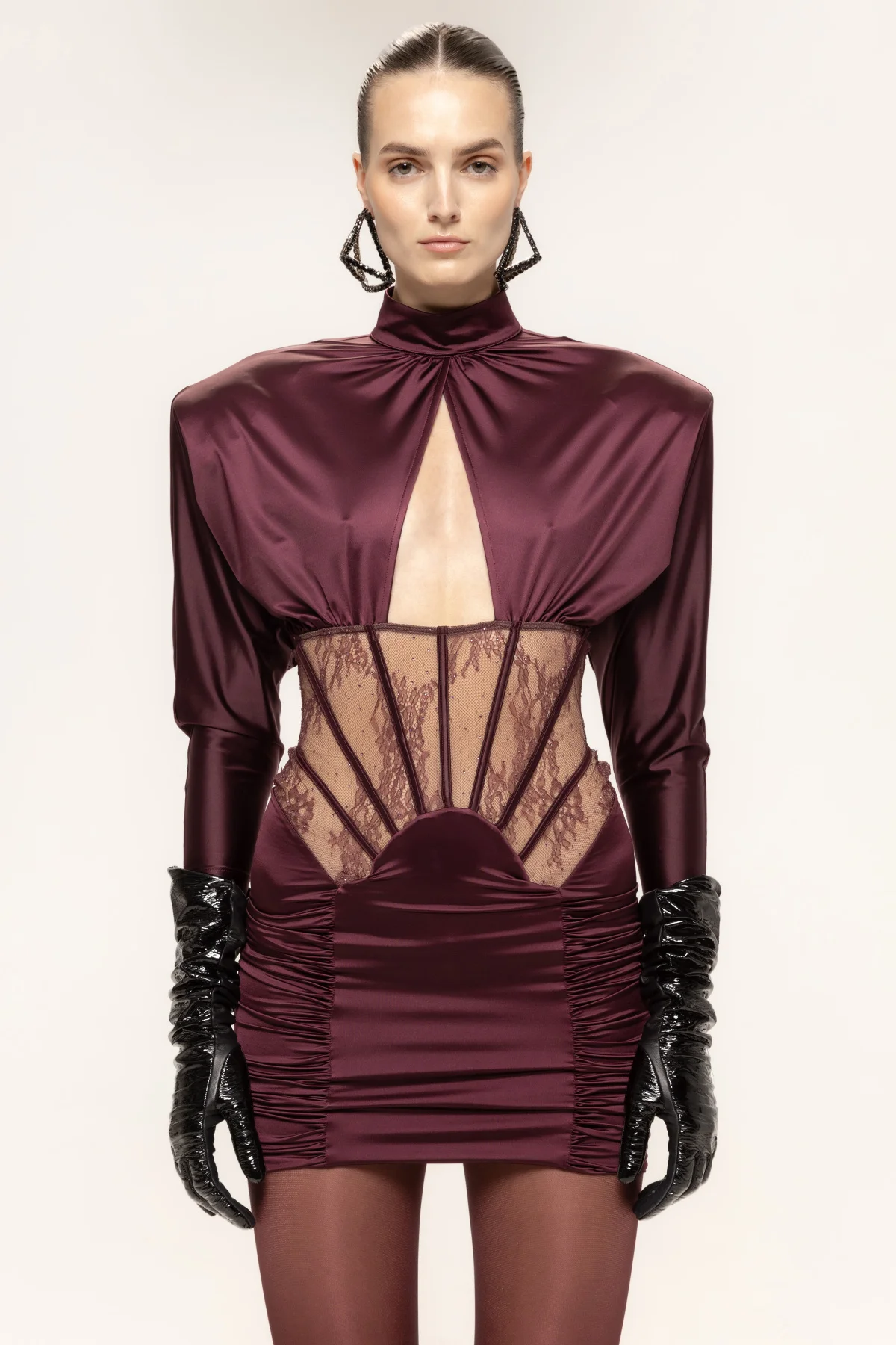 Vestido de satén burdeos para mujer, elegante vestido ceñido de manga larga recortado, Mini vestidos de noche de calle para fiesta y celebridades, cumpleaños