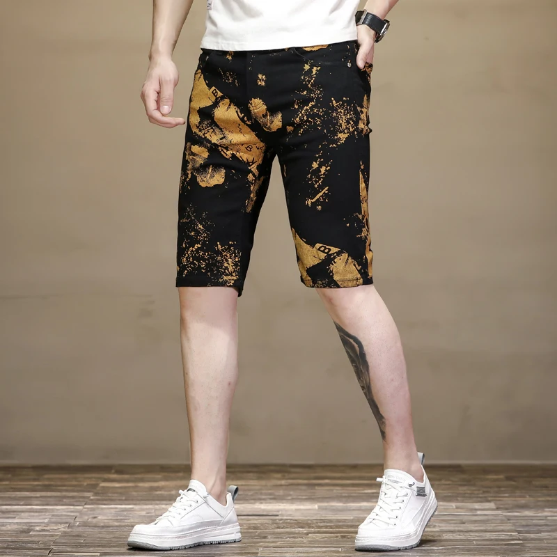 

Summer Thin Black Denim Shorts Printed Personality Fashion Brand Five-Point Casual Pants Korean Stretch Beach Pants