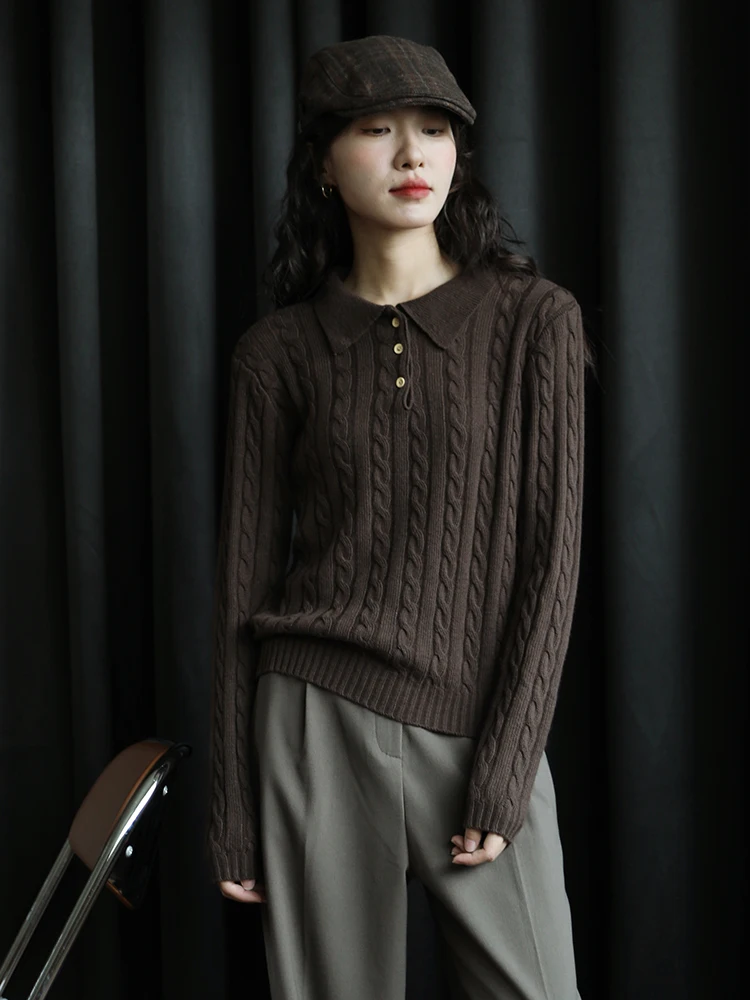 

Faionable Knitted Coffee Colored f Open Collar Long Sve Women's Sweater Trendy Commute Sle Polyester Fiber 2025 Spr...