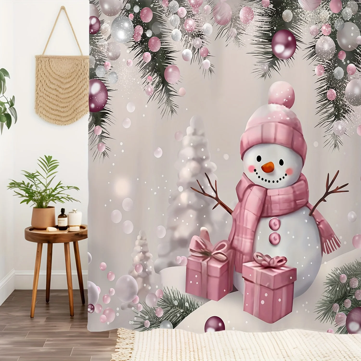 4pcs Pink Snowman Shower Curtain Set - Waterproof Bath Curtain with 12 Durable , U-Shaped Mat, Toilet Cover Mat, L-Shaped Mat, B