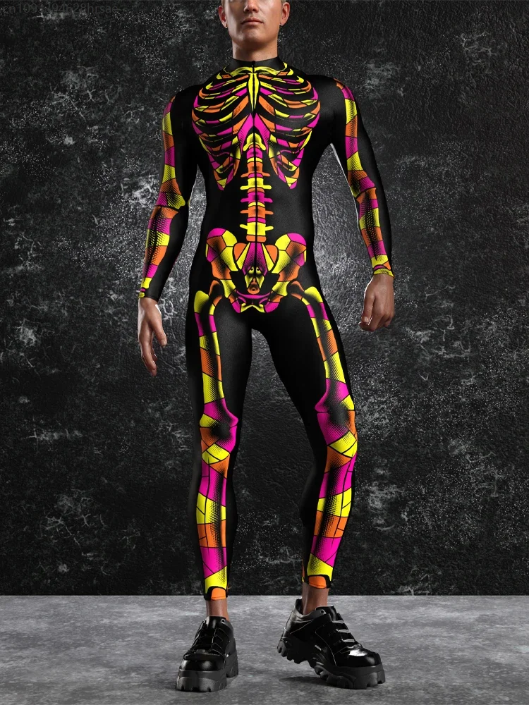 

Halloween Skull Print Cosplay Jumpsuit Men Punk Bodysuit Horror Theme Party Zentai Suit Festival Rave Outfit Aerial Yoga Clothes