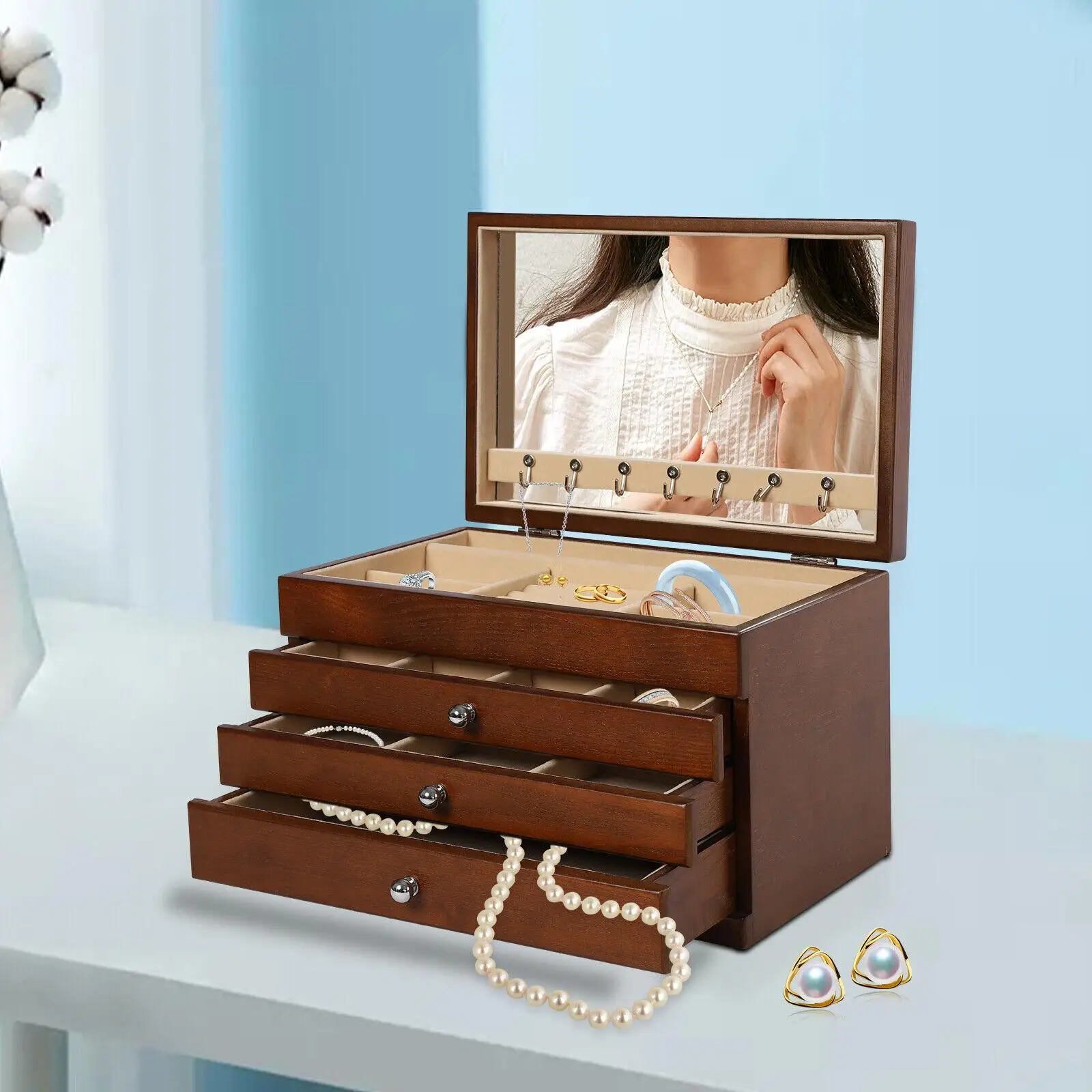 

4 Layers Large Wooden Jewelry Box , Jewelry Box Organizer for Women, 3 Drawers Storage Case for Ring Necklace Earring Bracelet