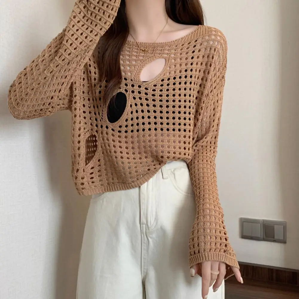 Women T-shirt Stylish Women's Hollow Design Tops for Casual Wear Long Sleeve Knitting T-shirt Loose Fit Polyester for Daily