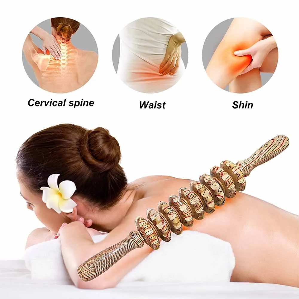Body Fascia Massager Anti-slip Handle Wood Grooved Gear Arms Legs Thighs Buttocks Smooth Roller Massager for Back Relaxation