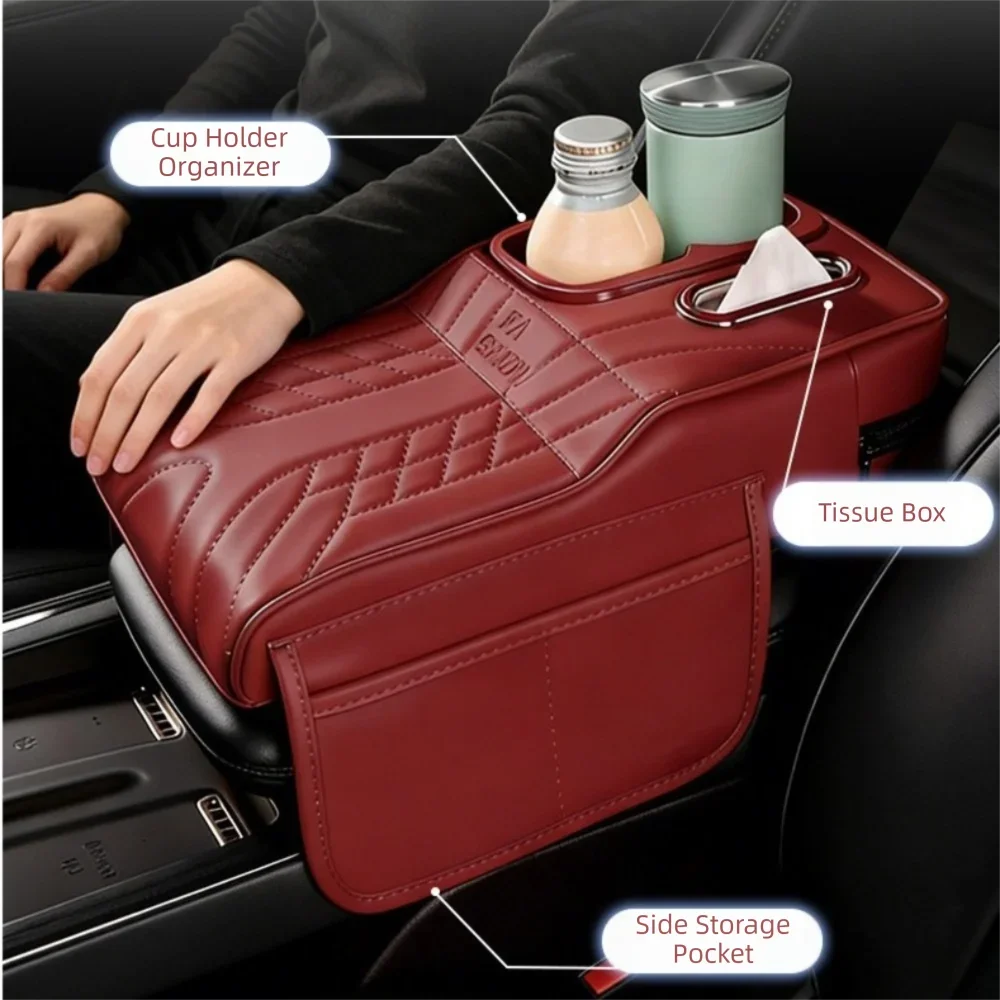 Portable Center Console Armrest Cushion PU Leather with Cup Holder Tissue Box Car Armrest Pillow Height Increasing Amagi