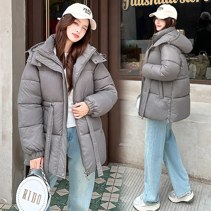 Hooded Parkas Coats Women Mid Length Jackets Solid Lace Up Pocket Zipper Waist Cinched Long Sleeve Loose Fit Casual 2025 Winter