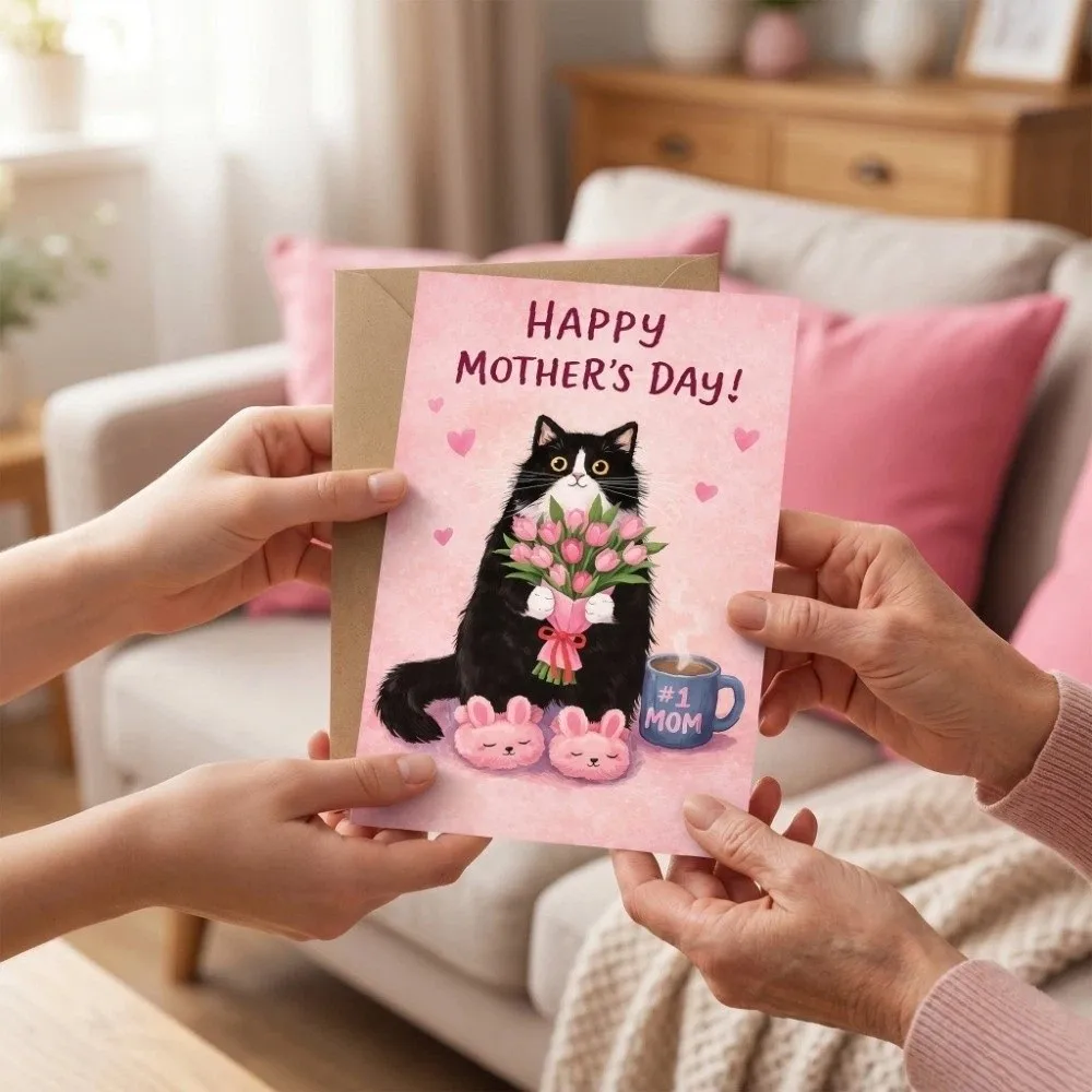 Cats Holding Pink Tulips Mother's Day Greeting Card with the Words Novelty Happy Birthday Card Blessing Message Paper