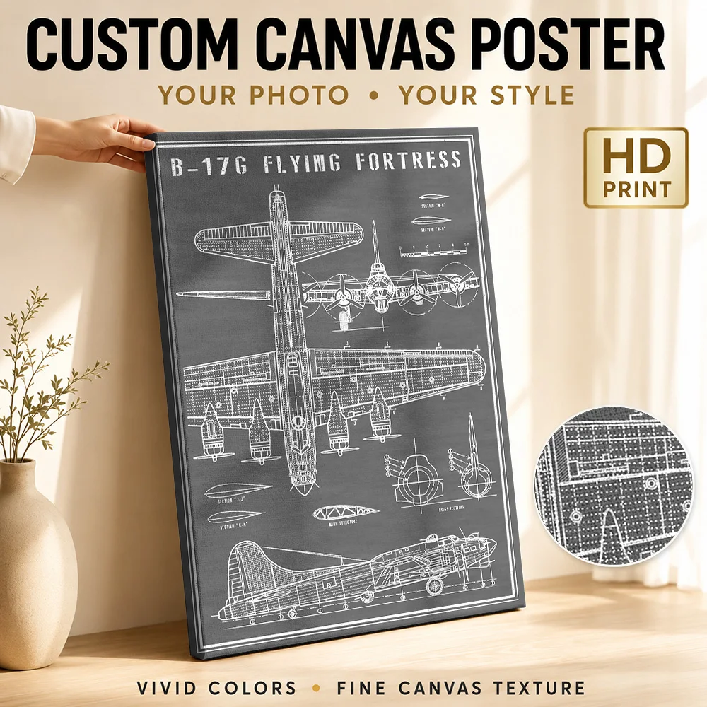 B-17 Flying Fortress Aircraft Wood Framed Canvas Poster Customized Photo Annotated Technical Linework Wall Art For Home Office