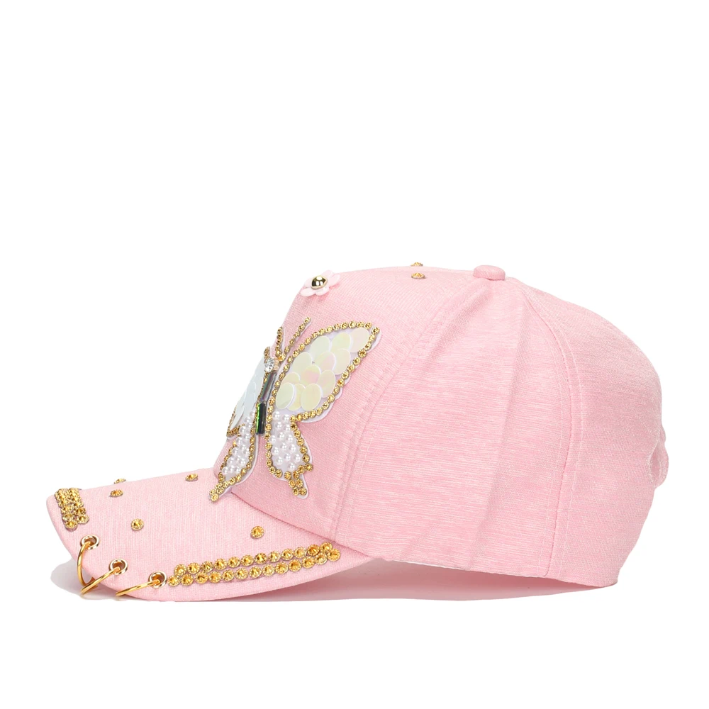 Fashion Baseball Caps Hat for Women Butterfly Diamond Studded Outdoor Baseball Cap Ladies Casquatte Cap Metal Three Ring Sun Hat