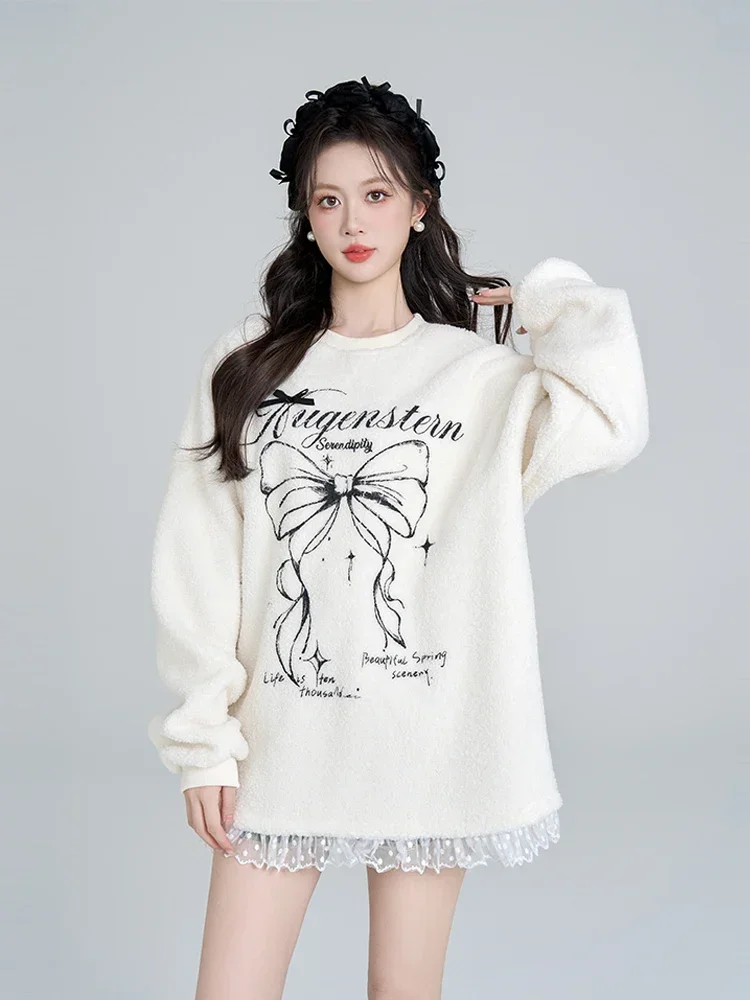 Highstreet Sweet Cool Y2K Tops Lace Splicing Bow Round Neck Long Sleeve Loose Casual Fleece Pullover Sweatshirts Women Winter