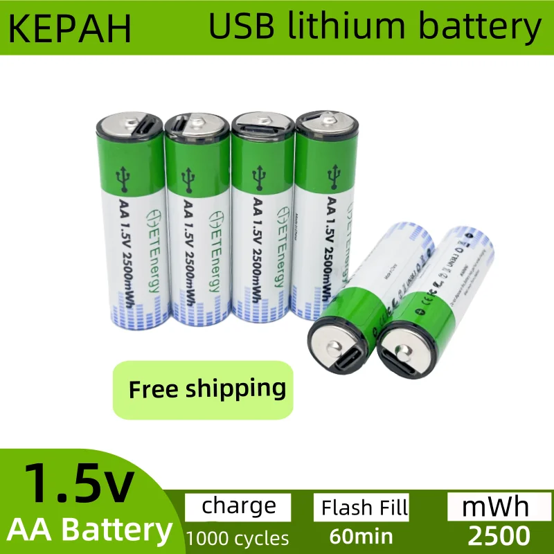 Fast charging 1.5VAA lithium ion battery with 2500mWh capacity and USB rechargeable lithium USB battery for toy keyboard