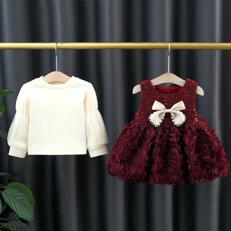 

Cute Girls Princess Dresses Autumn Winter Children Thick Velvet t-Shirts Vest Dress Christmas Party Clothes For Baby Outfit