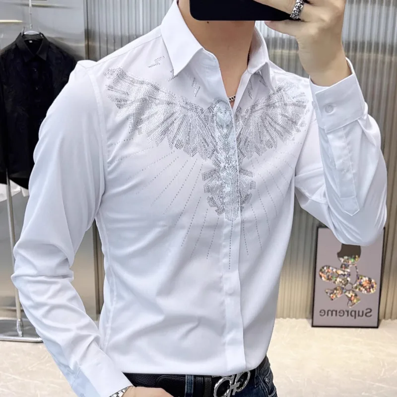 Men\'s Hot Diamond Long Sleeve Versatile Shirt Spring New European Trendy Elastic Slim Fit Shirt Retro Shirt Camisas De Hombre