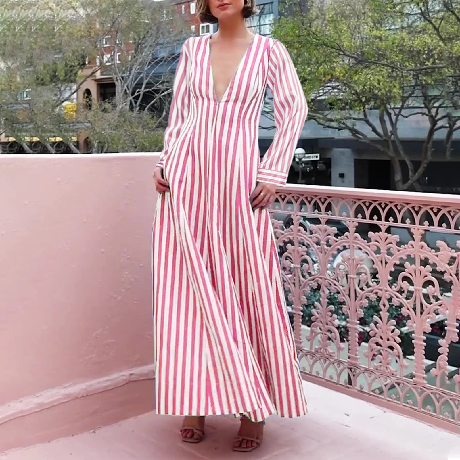Collection Women's Autumn Patchwork Long Dress Long Sleeve Deep V Neck Loose Fit Striped Beach Dresses