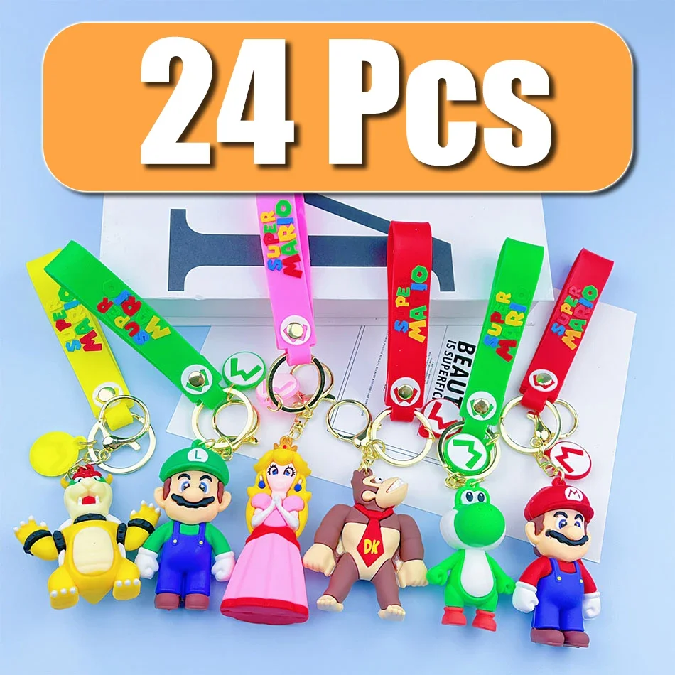 Set 24Pcs Super Mario Bros Keychain Action Figure Pendant Cute Cartoon Character Toy Doll Model Decoration Kid Birthday Gift