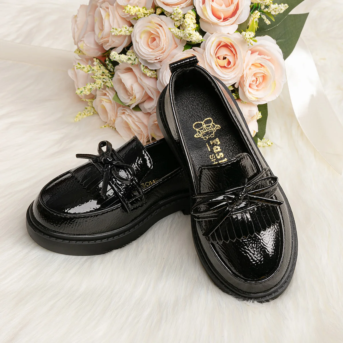 KIDSUN Bowknot Fashion Children\'s Shoes Black Leather Party Girls Princess Shoes English Style Soft Anti-slip School Casual Shoe