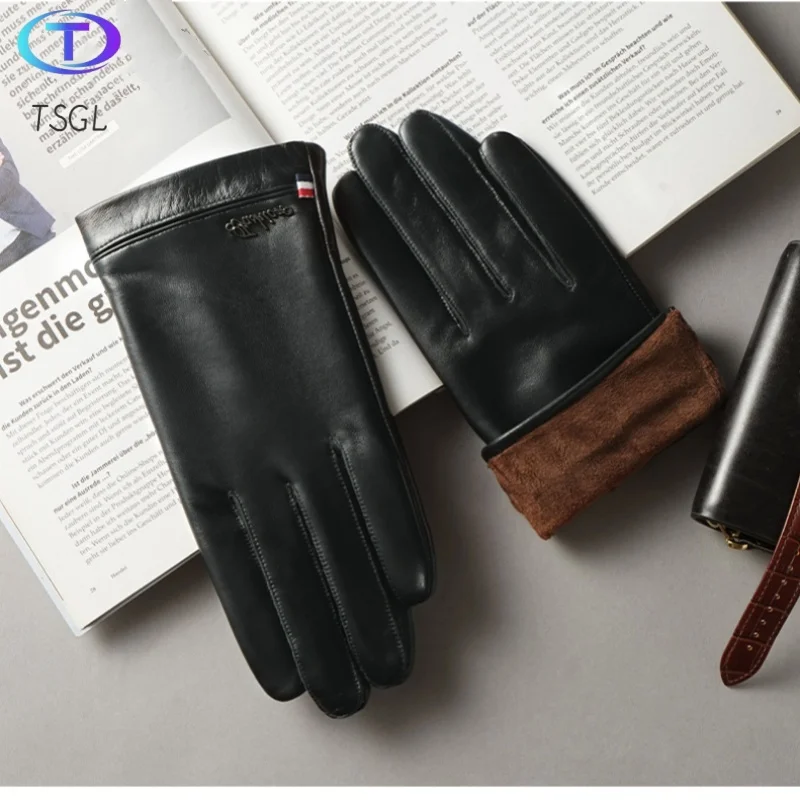 

2025 Popular High Quality Men Genuine Sheepskin Leather Gloves Autumn Winter Warm Touch Screen Full Finger Black Gloves