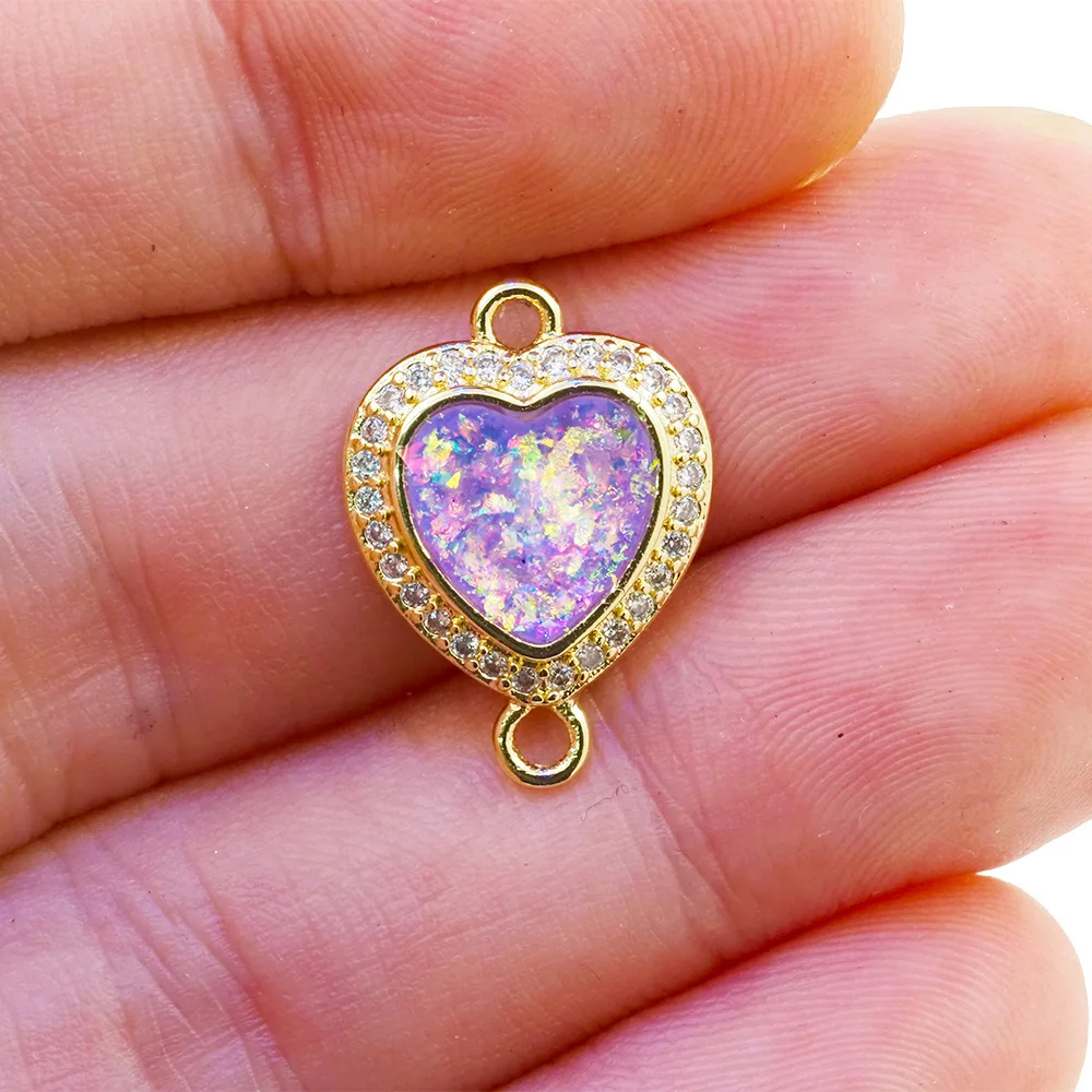 Natural Opal Colorful Round Heart Pendant Connectors CZ Zircon Gold Plated DIY Bracelet Jewelry Making Accessories Gem For Women