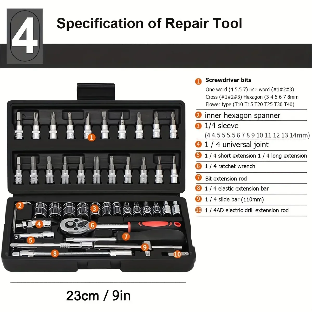 Imagem -02 - Drive Socket Ratchet Wrench Grupo Bit Socket Grupo Metric e Barra de Extensão para Reparação Automática 46 Pcs Pol