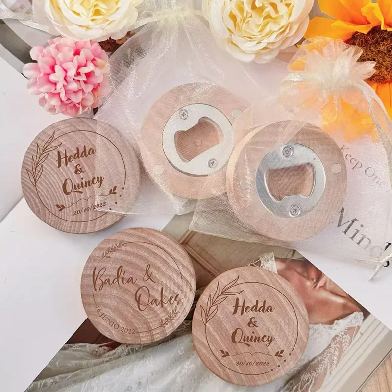 Personalized Wedding Favor Engraved Wooden Fridge Magnet Round Bottle Opener Wedding Guest Custom Bautizo Party Souvenir 1-40pcs