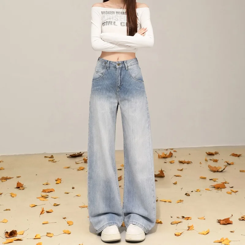 Women Jeans Pants High Waist Loose Wide Leg Baggy Denim Retro Design Adjustable Waist Curved Cut