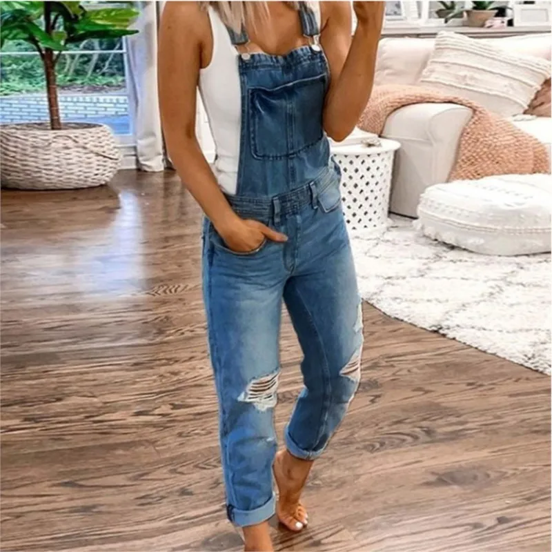 Susola novo namorado casual rasgado jeans macacão feminino calças buraco sem mangas denim macacão para mulher