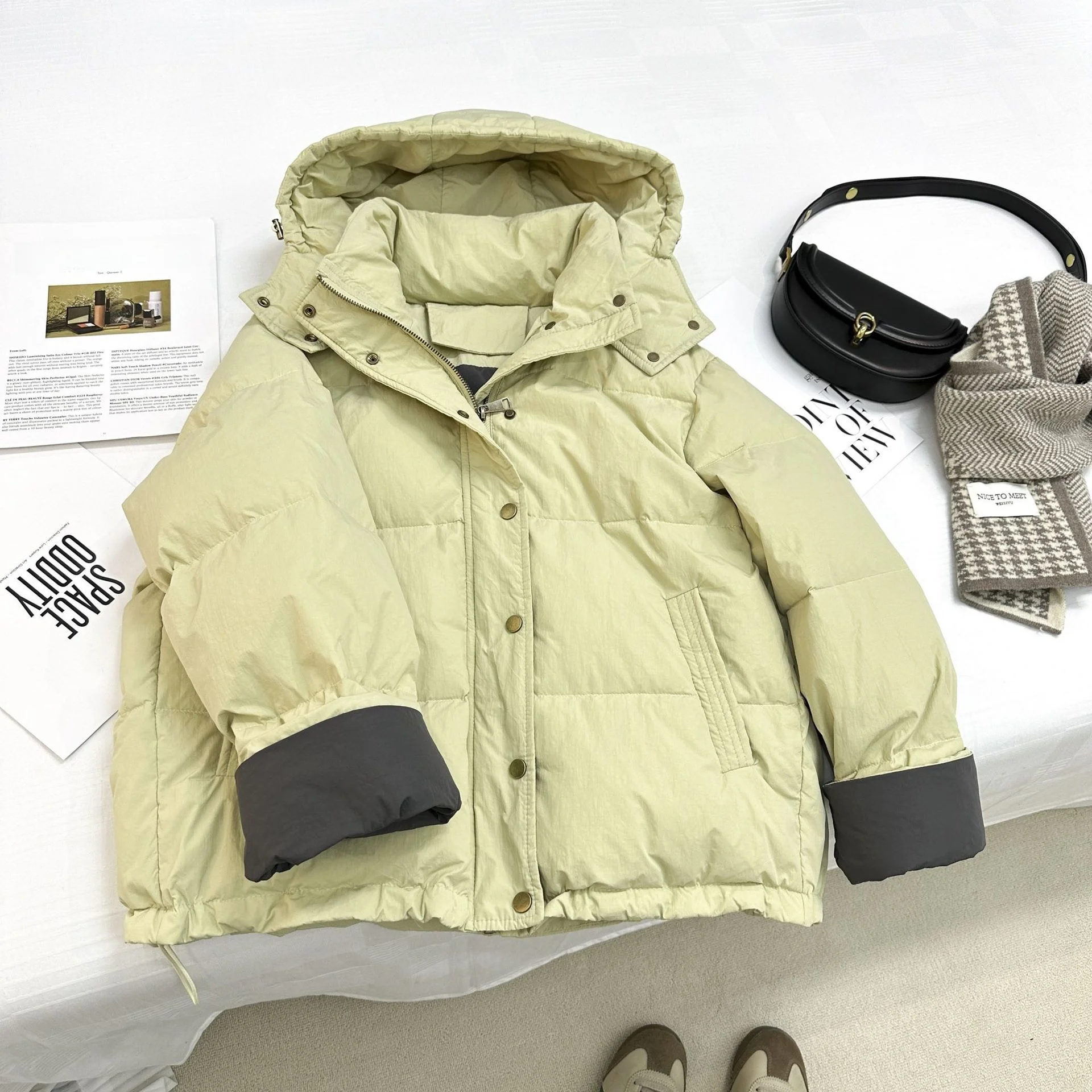 Stijlvol geelgroen winterkatoenen jas Dames losse casual jas met capuchon Trendy comfortabele modieuze bovenkleding