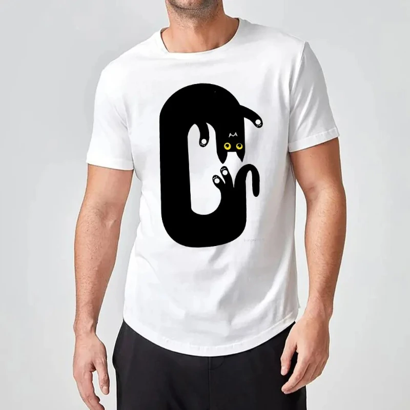 Funny Retro Meow Black Cat Graphic T Shirts Breathable Clothes Streetwear Unisex Cotton Crewneck Printed T-shirt Tops All-match