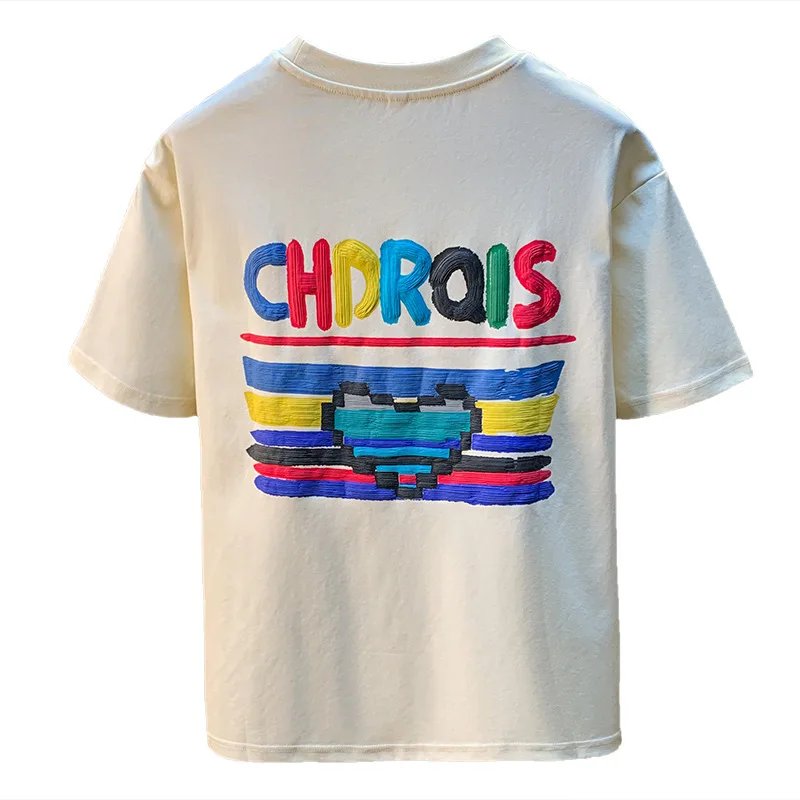 2025 Summer T-shirt Men's Trendy Hand drawn Illustration Round Neck Loose Casual Clothing Personalized Printed Short Sleeve Top