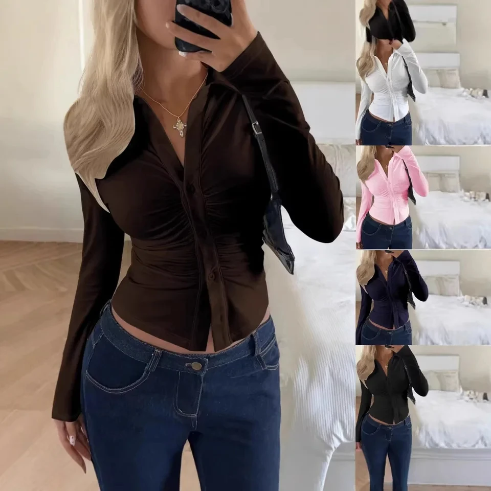 

Новая женская модная элегантная повседневная рубашка с длинным рукавом, однотонная, на пуговицах, с отложным воротником, коллекция 2026 года