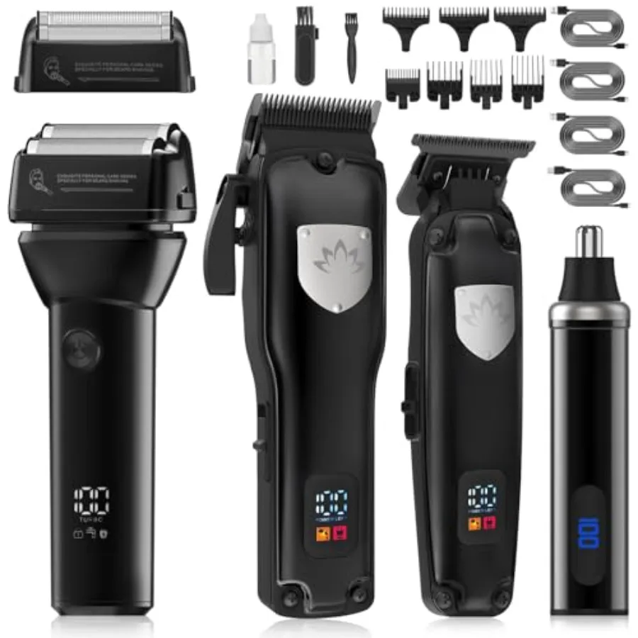 

4 in 1 Hair Clippers for Men Professional T-Blade Trimmer Electric Foil Shaver Nose Hair Trimmer Cordless LCD Display Grooming