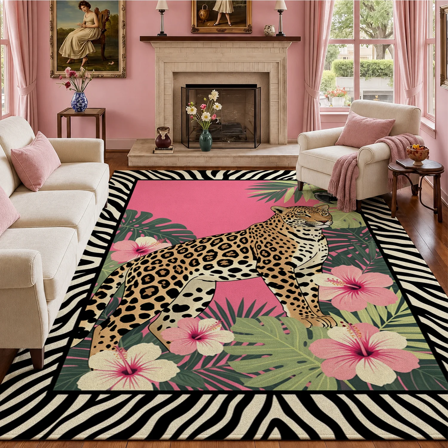 Tropical Leopard Zebra Border Hibiscus Print Velvet Area Rug, Machine Washable, Ideal for Living Room, Bedroom, Entryway, Perfect for Halloween, Thanksgiving, Christmas, New Year, Black Friday, Cyber Monday