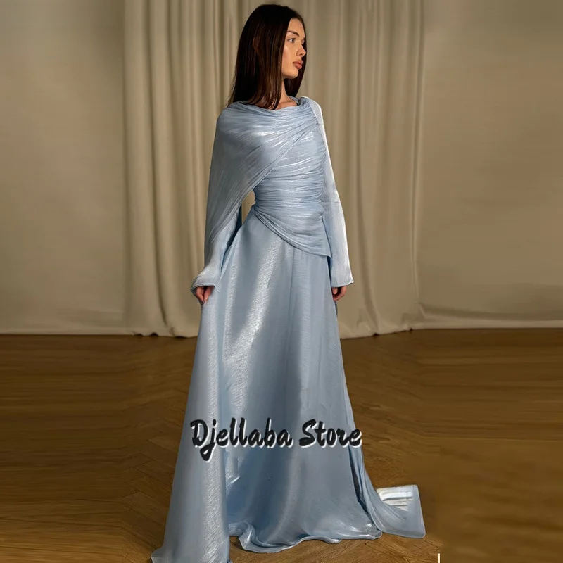 

Elegant Sky Blue Long Evening Dresses Pleated A-Line Formal Prom Dresses Cape Sleeve Luxury Dubai Prom Gowns Customized