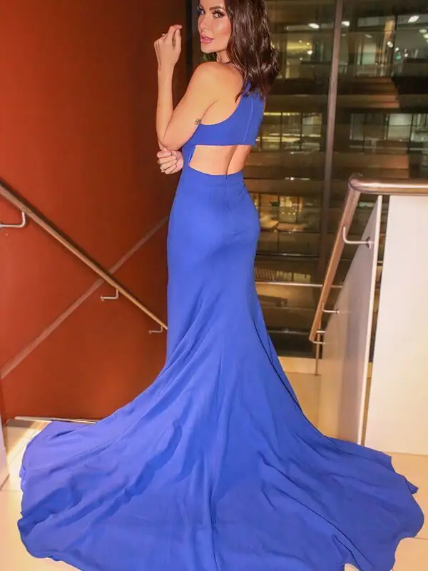 Blue Sexy 2022 Prom Dresses Sheath Crew Neck Split Front Hollow Back Women Formal Evening Gowns Party Dress Under $100