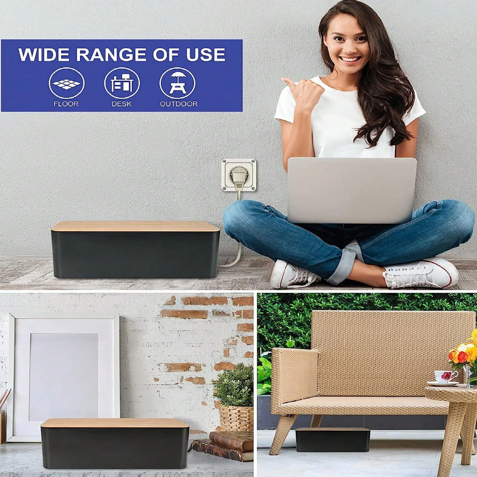 Cable Management Box, Cord Box Hider,Extension Socket Cord Organizer Box with Bamboo Wood Cover for Router Desk Power Strip