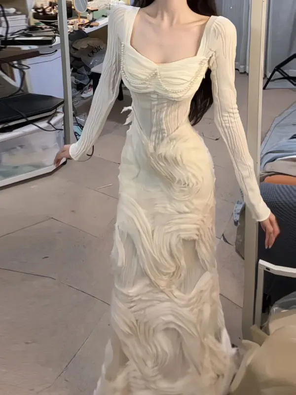 

Уникальное вязаное платье-халат с завышенной талией, облегающее, с длинным рукавом, осенне-зимнее, модное, элегантное, фактурное, красивое, стильное платье